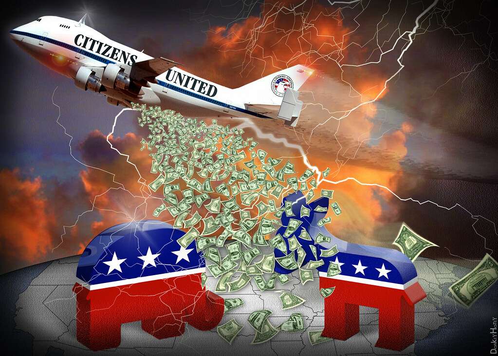 Citizens United Carpet Bombing Democracy - Cartoon. https://www.flickr.com/photos/donkeyhotey/6691077579