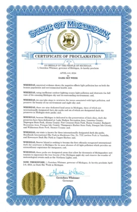 Official proclamation of Dark Sky Week by Michigan Governor, Greathen Whitmer. Photo courtesy of Beaver Island Dark Sky Project.