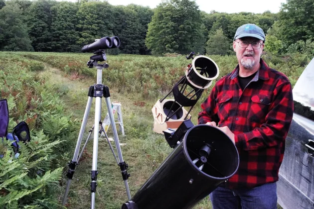 Astronomy amateur and expert telescope, Tony Miller. A passionate, visiting camp host, Tony conducts telescope viewing parties all summer long, in the sanctuary and at other nature preserves and locations in the buffer zones around the sanctuary, delighting visitors with celestial views of planets, stars, asterisms, nebulae and dark, dark skies.