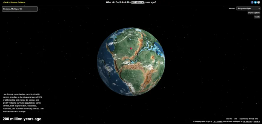 The red dot indicates where Pictured Rocks was located 200M years ago.