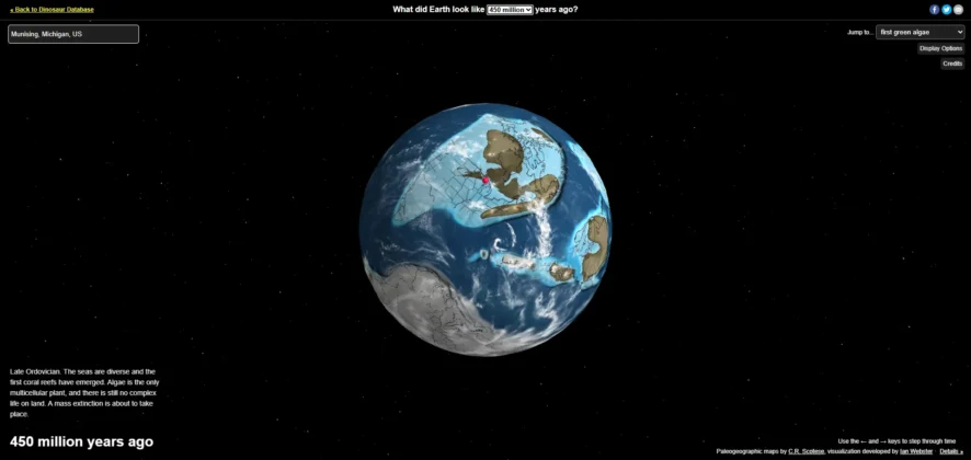 The red dot indicates where Pictured Rocks was located 450M years ago.