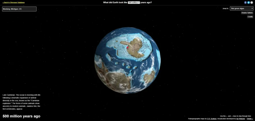 The red dot indicates where Pictured Rocks was located 500M years ago.
